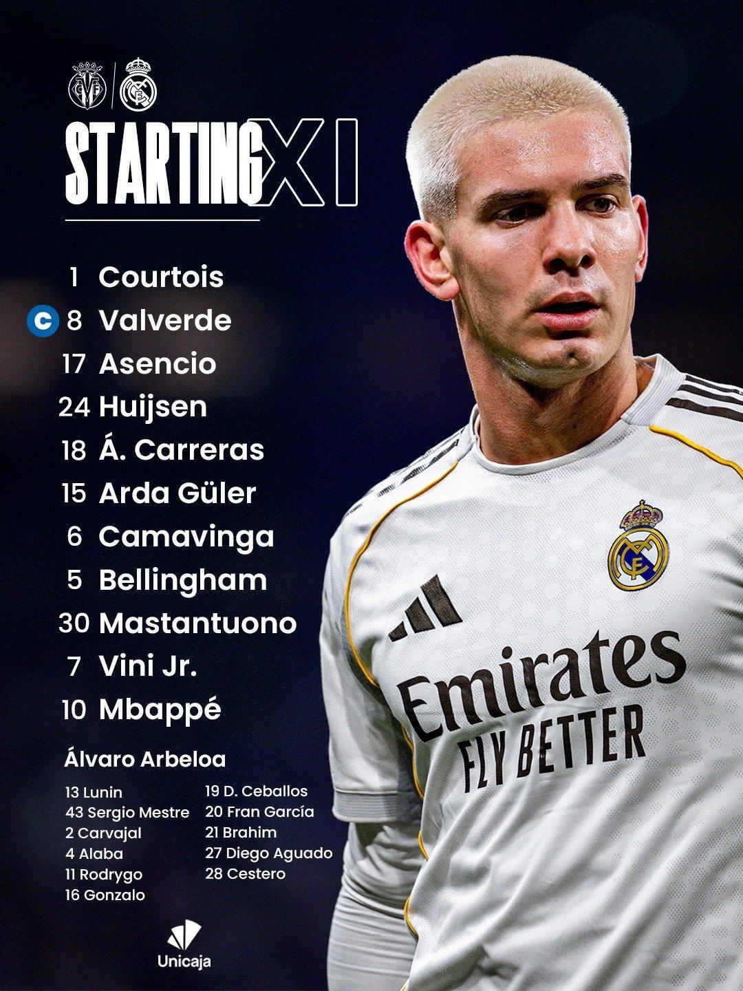 西甲第21轮，皇马首发出炉！！西甲联赛比利亚雷亚尔vs皇马