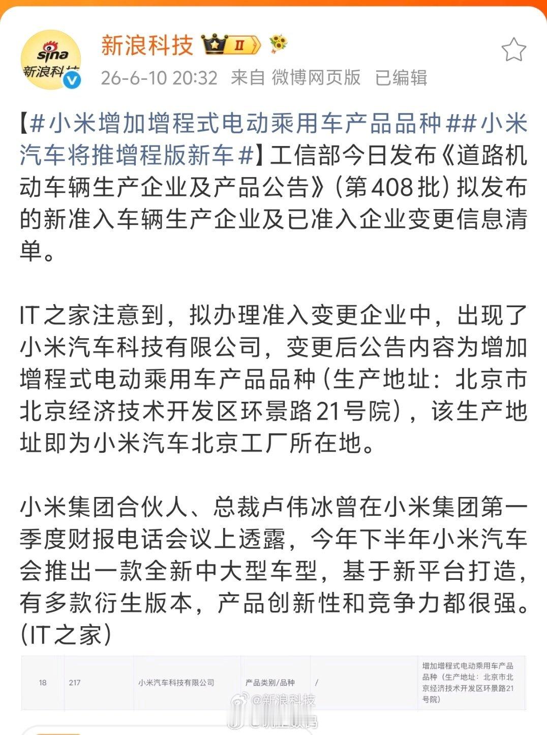 小米增加增程式电动乘用车产品品种小米的增程车终于要来了，电车已经吊打一众友商，增