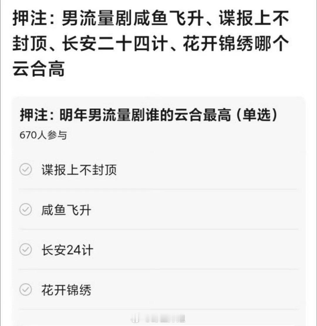 网友汇总的明年的男流量剧有《咸鱼飞升》、《谍报上不封顶》、《长安二十四计》、《花