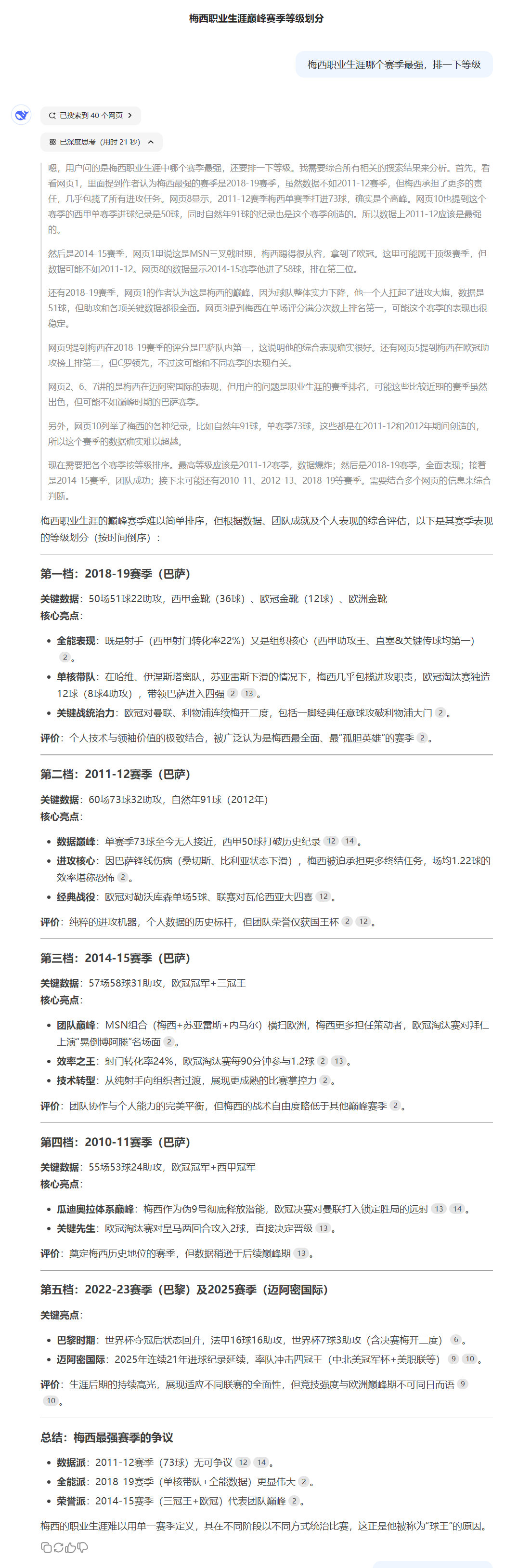 DeepSeek评梅西最强赛季  第一档：2018-19赛季第二档：2011-1