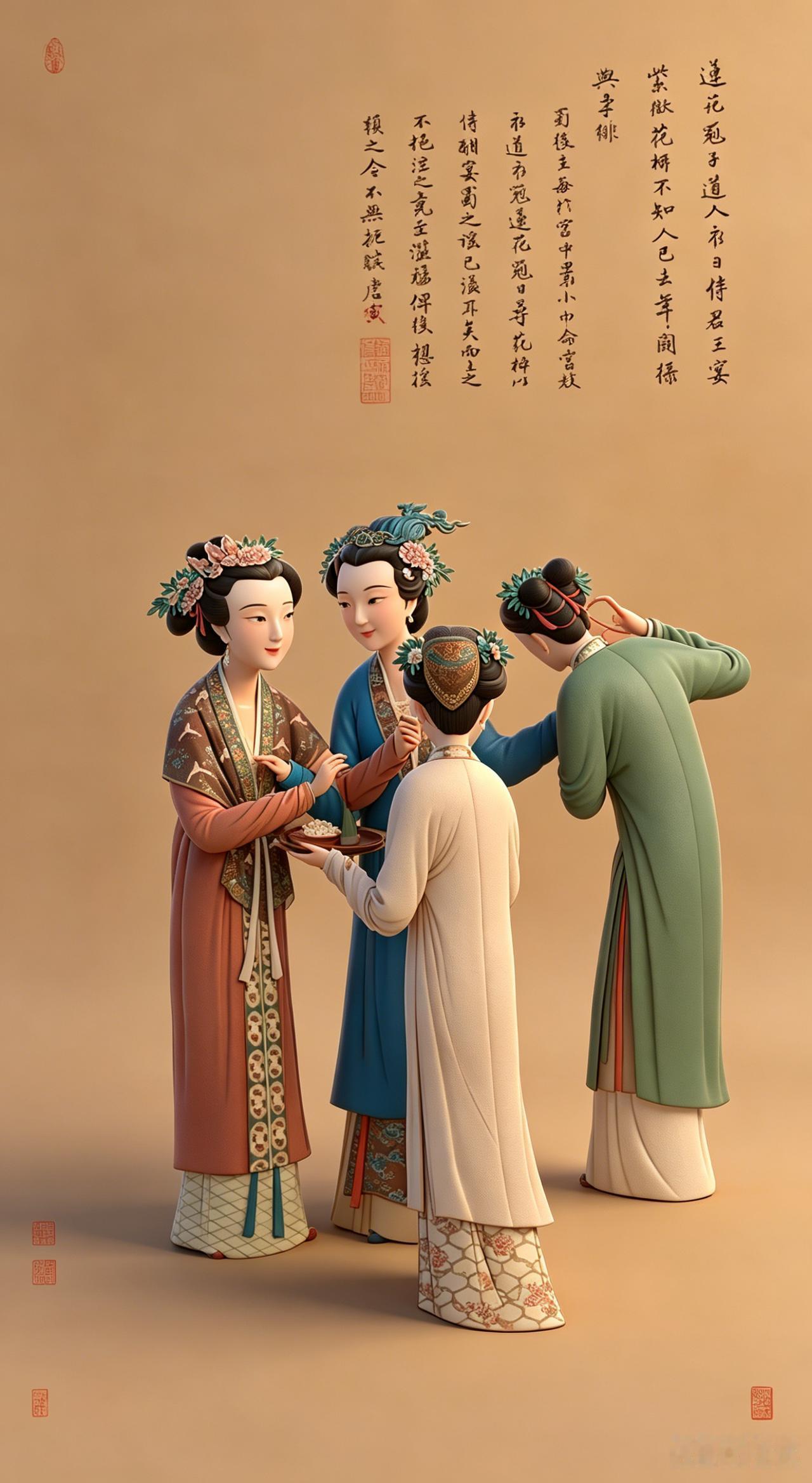 艳而不俗，把古时宫娥风姿拿捏得恰到好处！（明·唐寅《王蜀宫妓图》AI复原图）