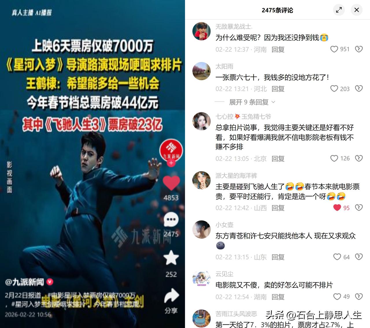 7000万vs23亿，排片的真相太扎心

《星河入梦》春节档上映6天，票房刚
