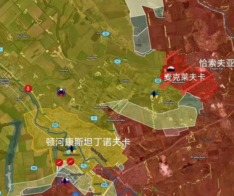 ‌俄军南部集群突击队占领了恰索夫亚尔以西的麦科莱夫卡”，
采用“精确火力+小股突
