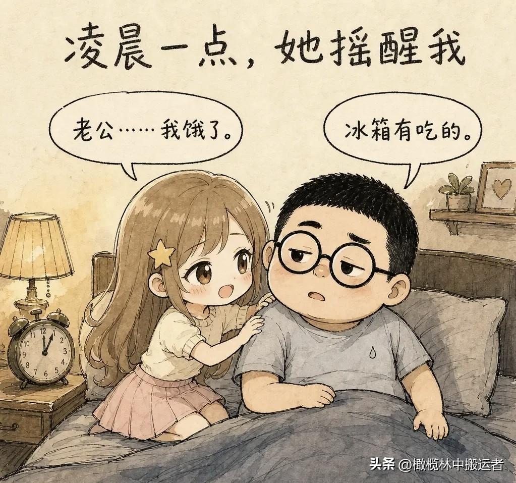 趣味漫画：凌晨一点，她摇醒我。老婆：“老公……我饿了。”老公：“冰箱有吃的。”老