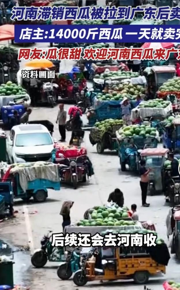 河南西瓜集中上市遭遇滞销，地头低价难寻销路。在广州打拼的河南老乡发起千里助农行动