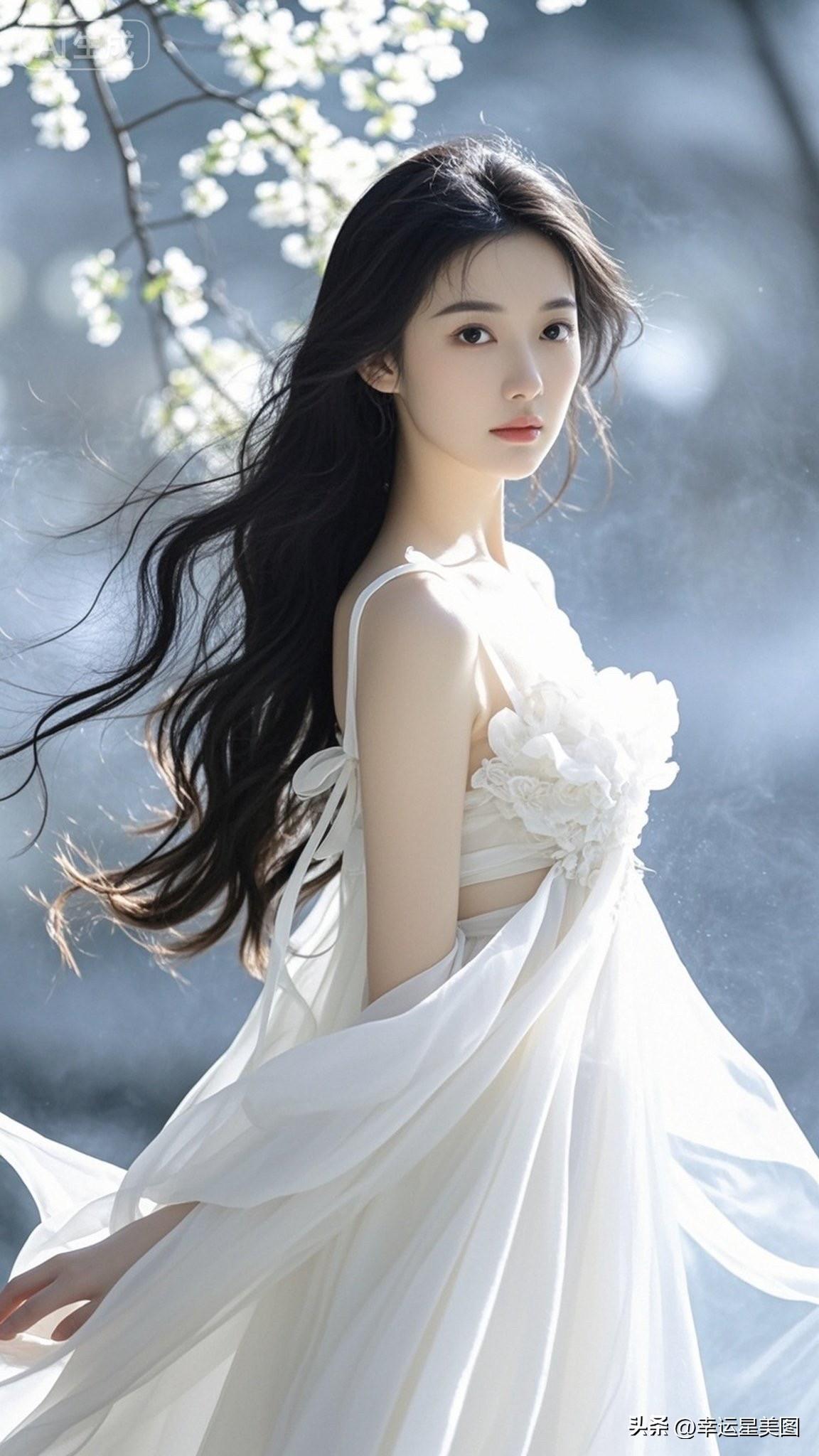 梦幻白裙少女，轻盈飘逸，宛如仙境中的精灵。