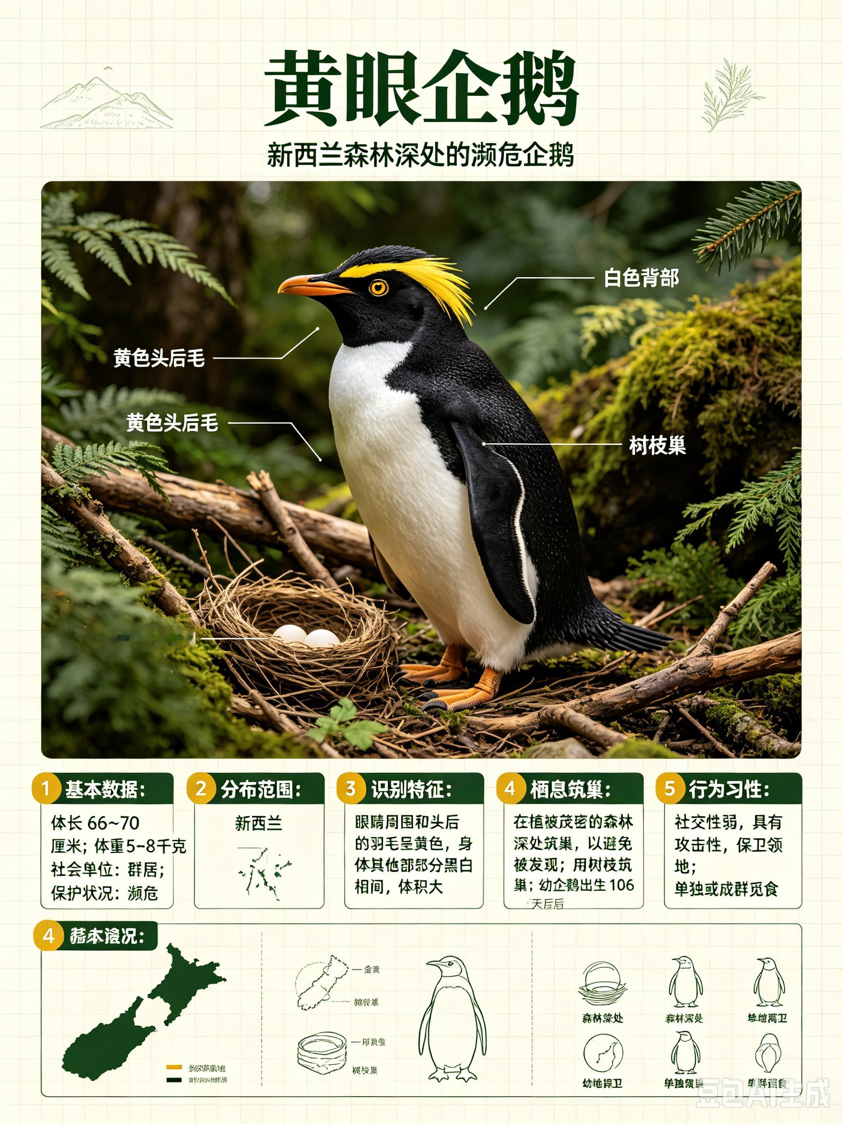 鸟类朋友图鉴 黄眼企鹅体长：66~70 厘米体重：5~8 千克社会单位：群居保护