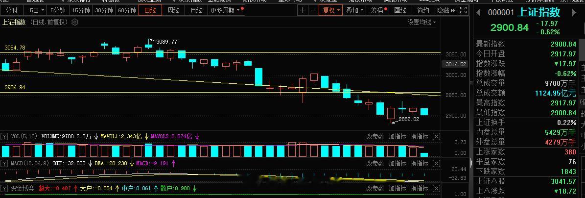 指数这块真拉跨，5日线再次的跌破，再次的考验2900点，2023年的最后一个月真
