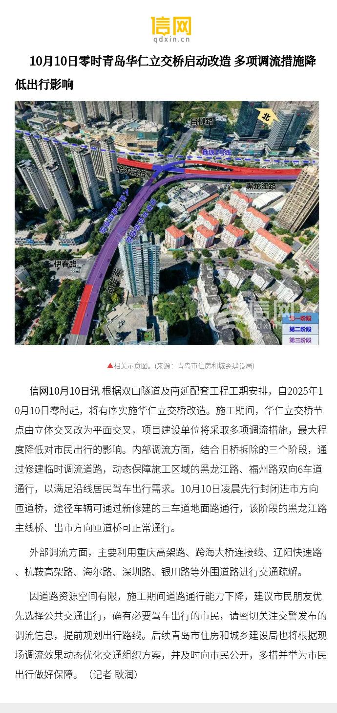 【10月10日零时青岛华仁立交桥启动改造 多项调流措施降低出行影响】10月10日