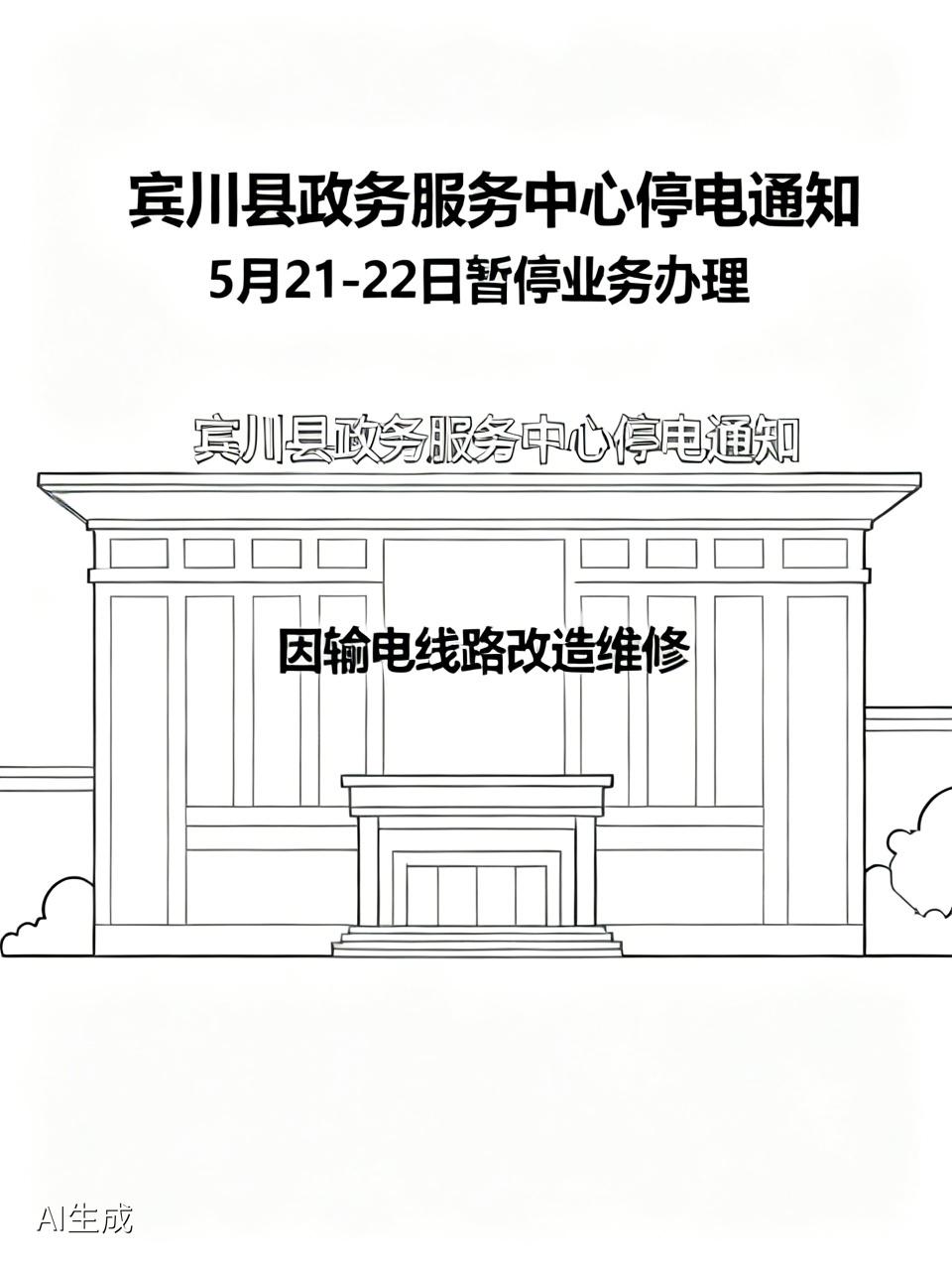 📢📢5月21日、22日，宾川县政务服务中心因为金城印象片区输电线路改造、维修
