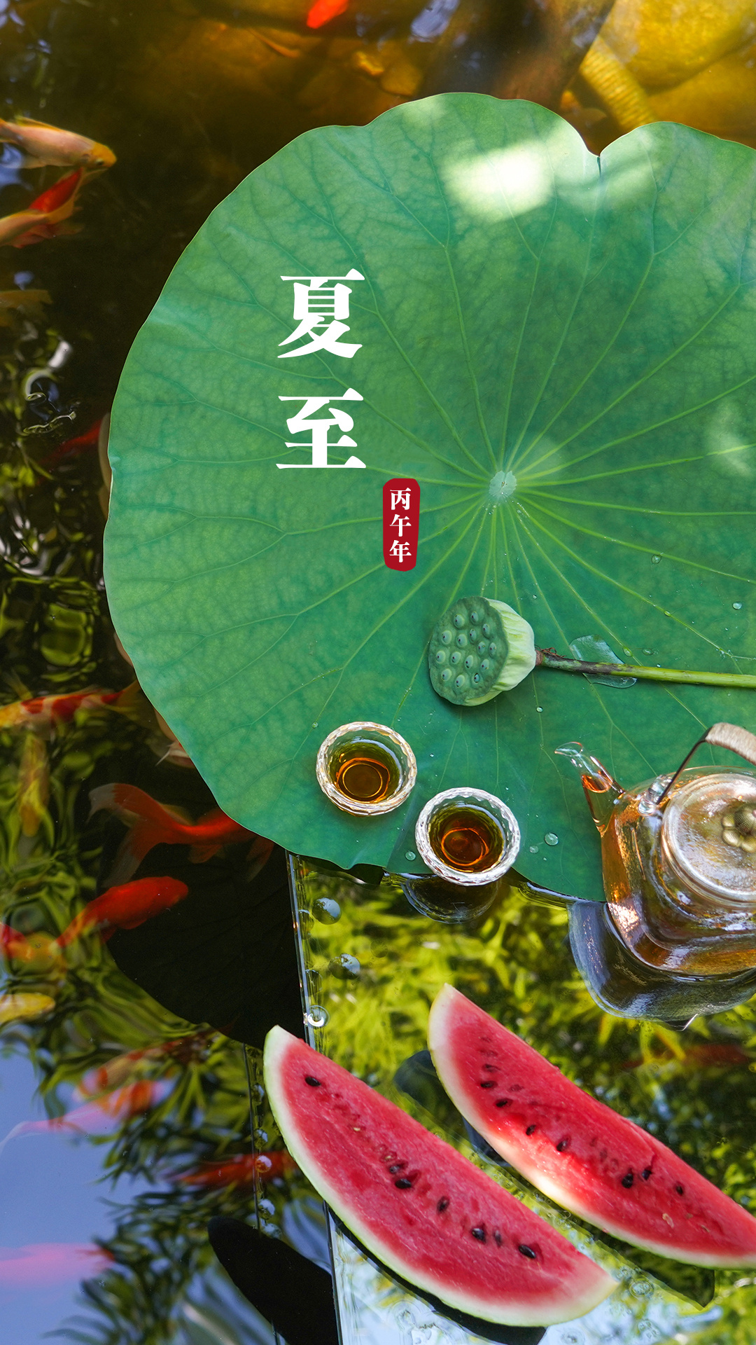 夏至文化中国行迎夏至 立竿影未落，仲夏日初炎。叶叶青荷盖绿水，片片锦鳞披红鲜。云