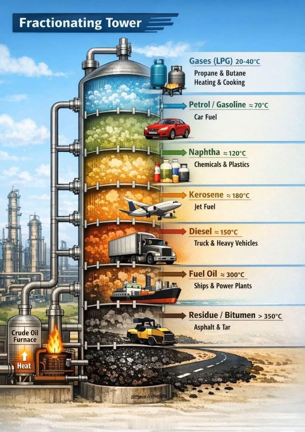 炼油厂蒸馏工艺的核心部件。你知道吗？只需加热原油，让其蒸汽在不同高度冷却，就可以