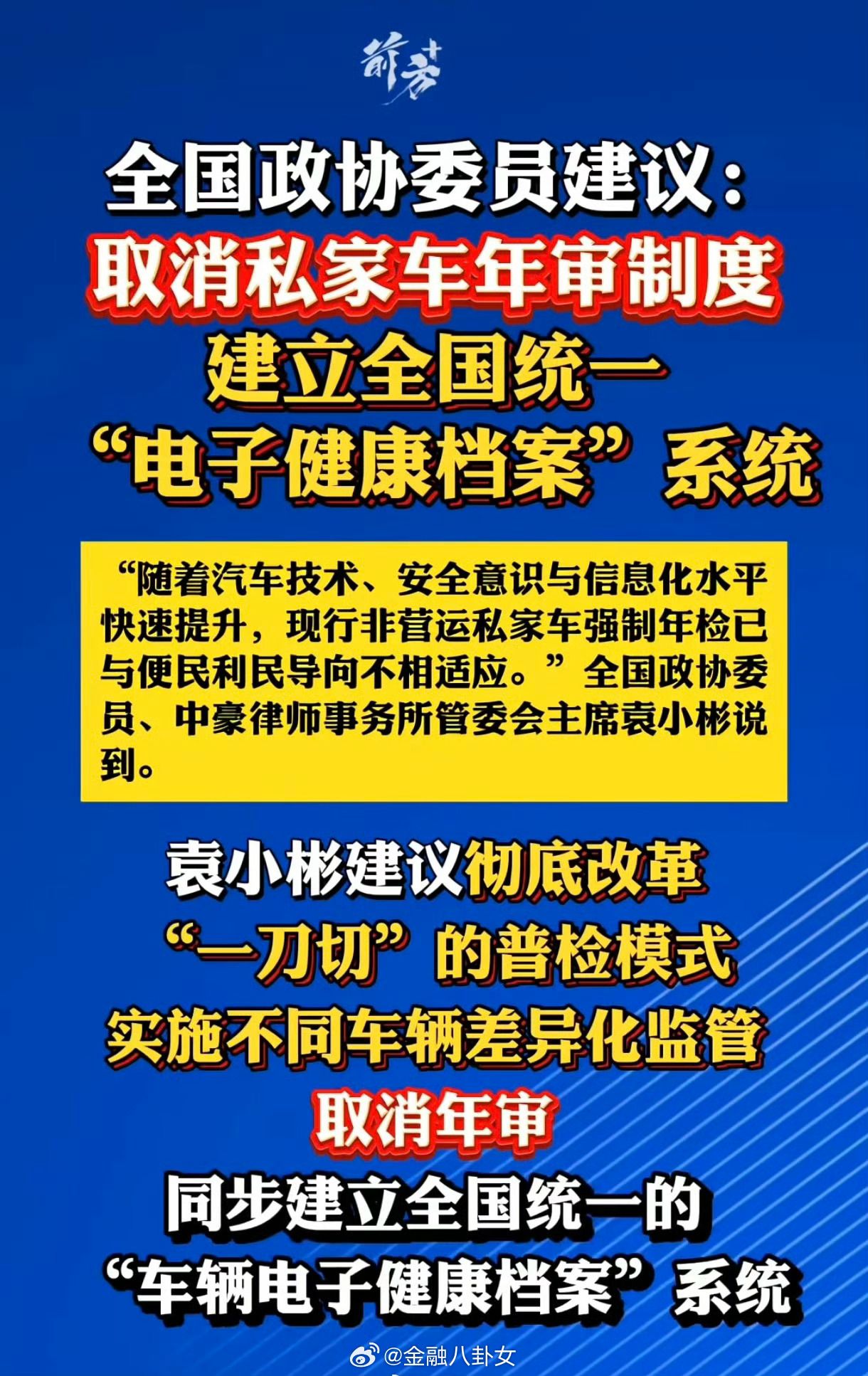 全国政协委员建议：取消私家车年审制度，建立全国统一“电子健康档案”系统建议取消私