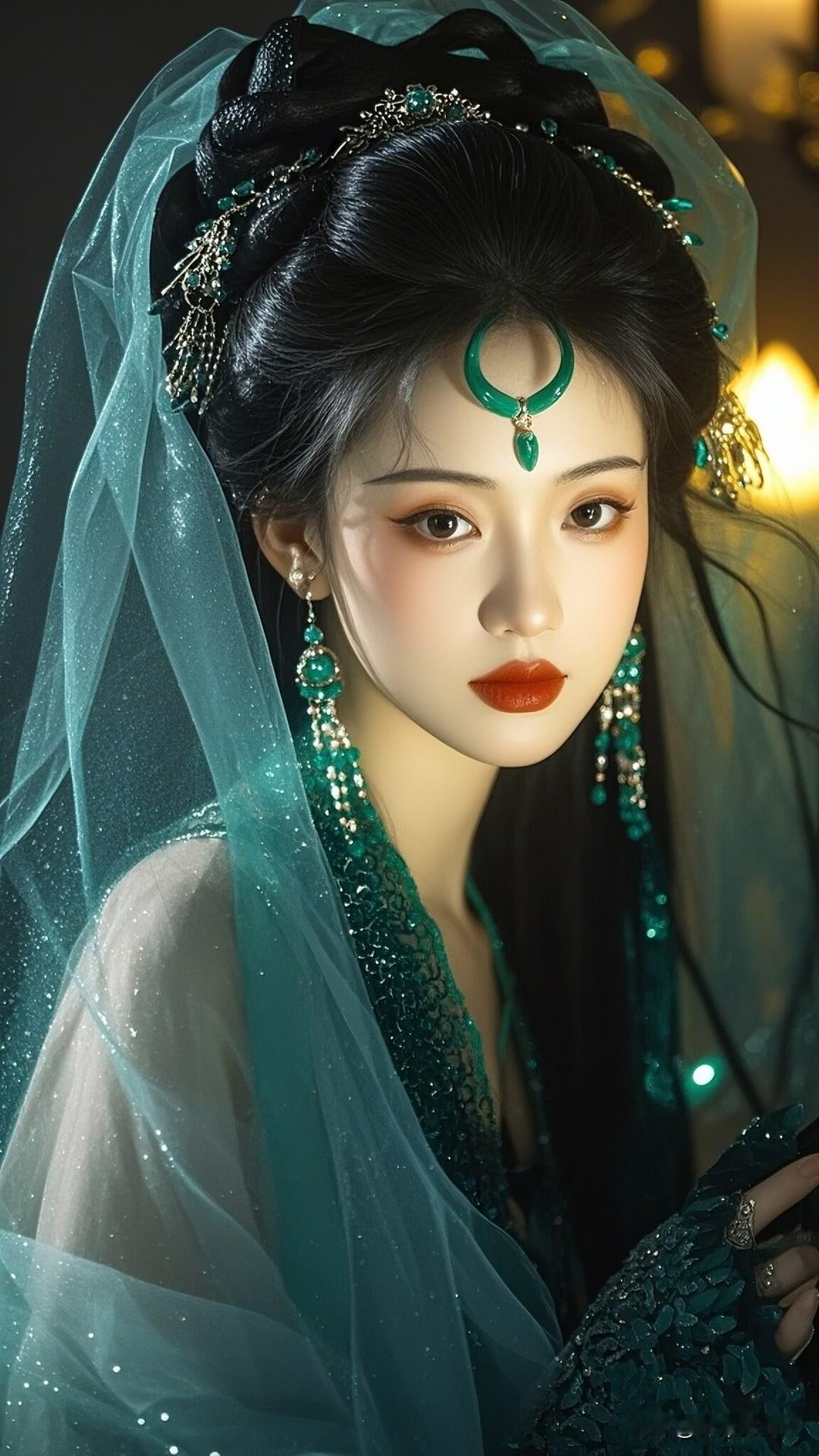 她的内心柔情似水，仿佛被一层绿色的长裙轻轻包裹，裙摆的飘动如同她内心的波澜，既温