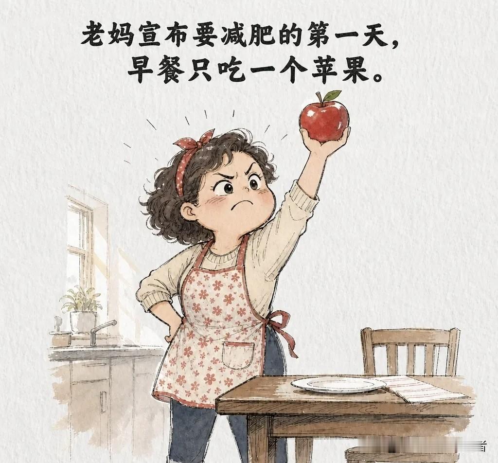 趣味漫画：老妈宣布要减肥的第一天，早餐只吃一个苹果。第二天早餐一个苹果，配两根油