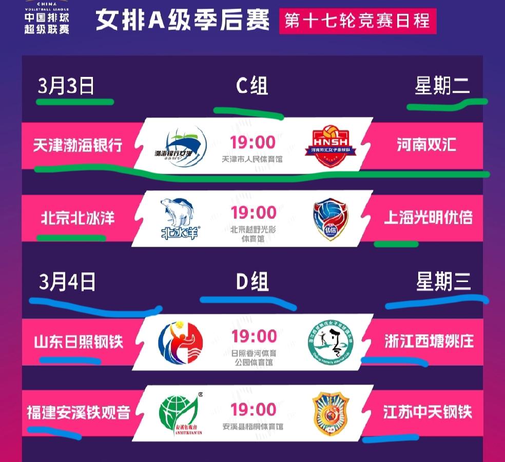 排超联赛官方今天发文公布了季后赛第三场比赛的海报！季后赛第三场分别在周二晚上个周