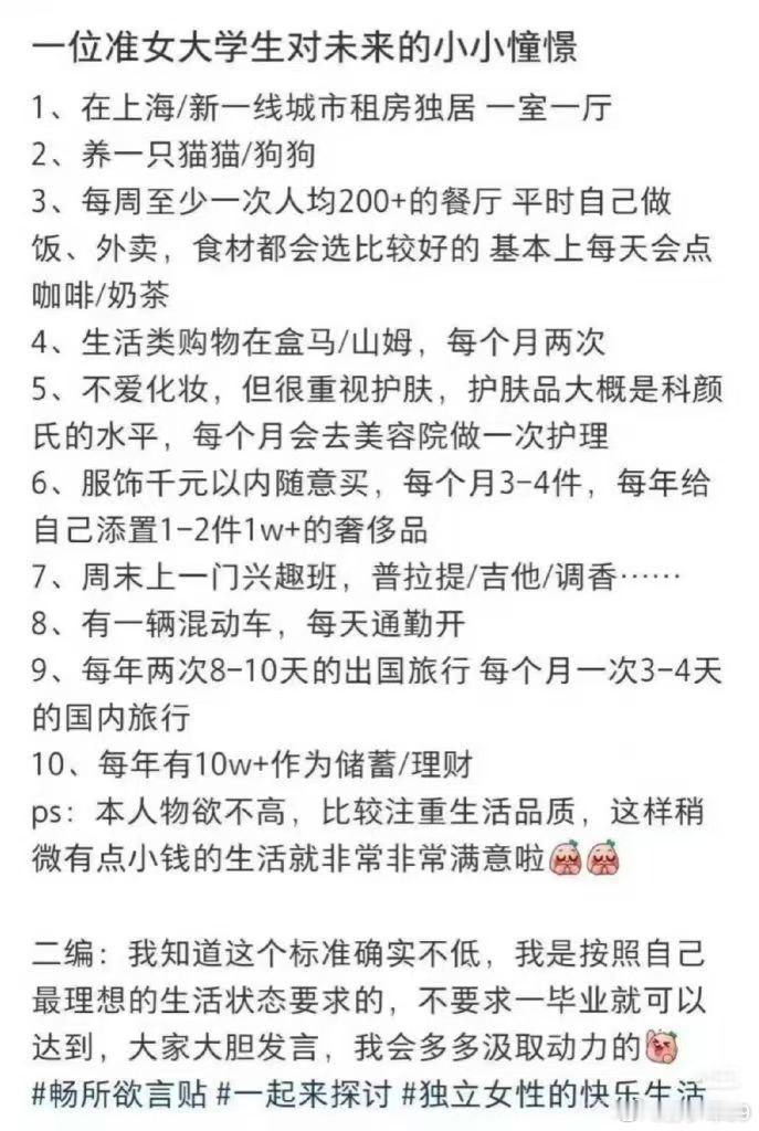 单纯第一条上海或者新一线城市一室一厅的房租，就不是低物欲的准大学生能承受的
