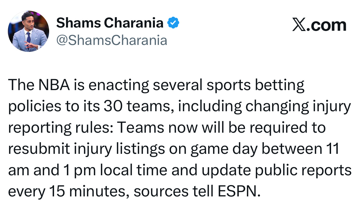 这是个好消息（我指伤病报告）shams：据 ESPN 消息人士透露，NBA 正在