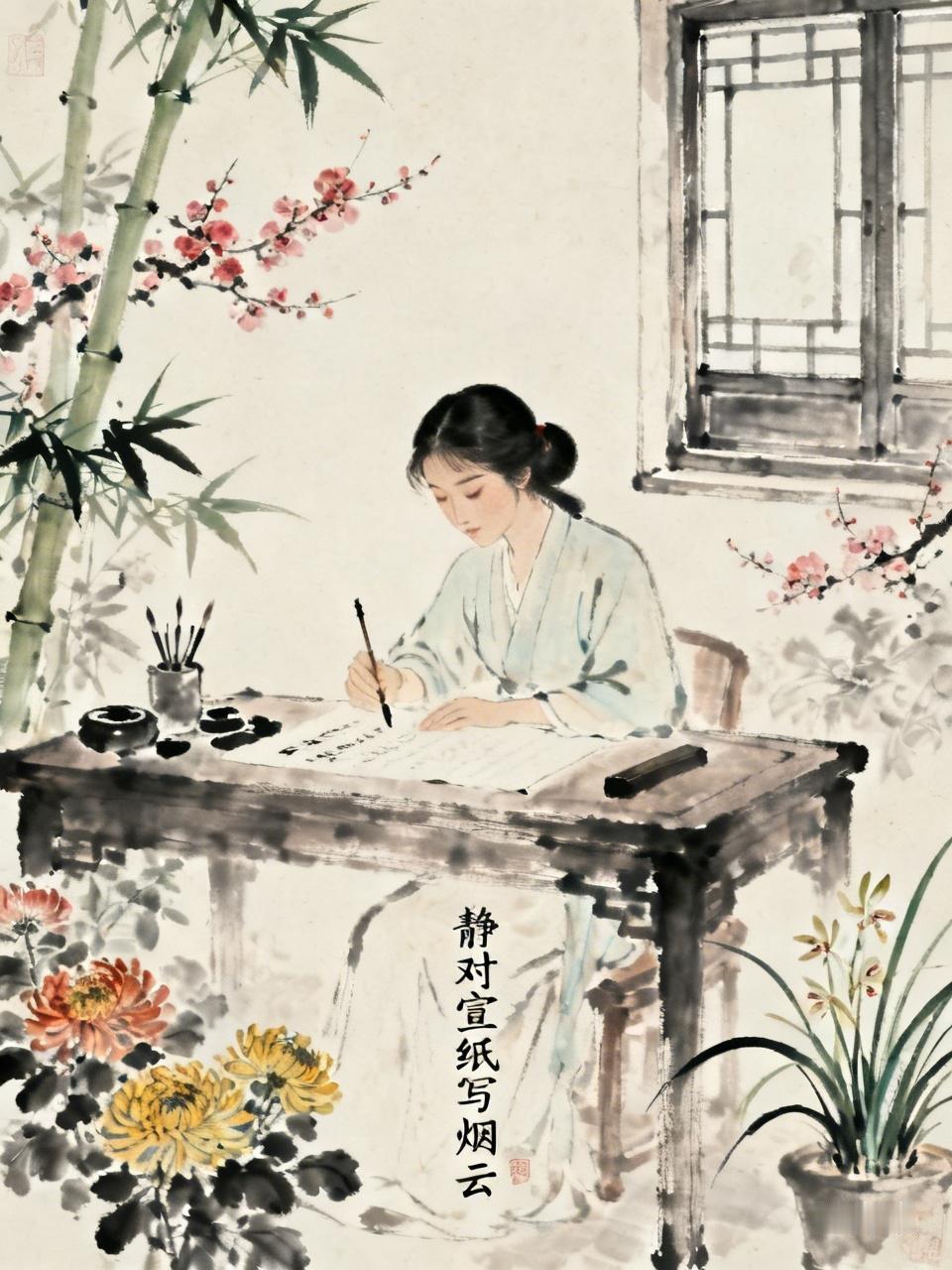 云纱轻绕玉人身，
静对宣纸写烟云。
竹枝映窗梅供案，
菊花近篱兰居阴。     