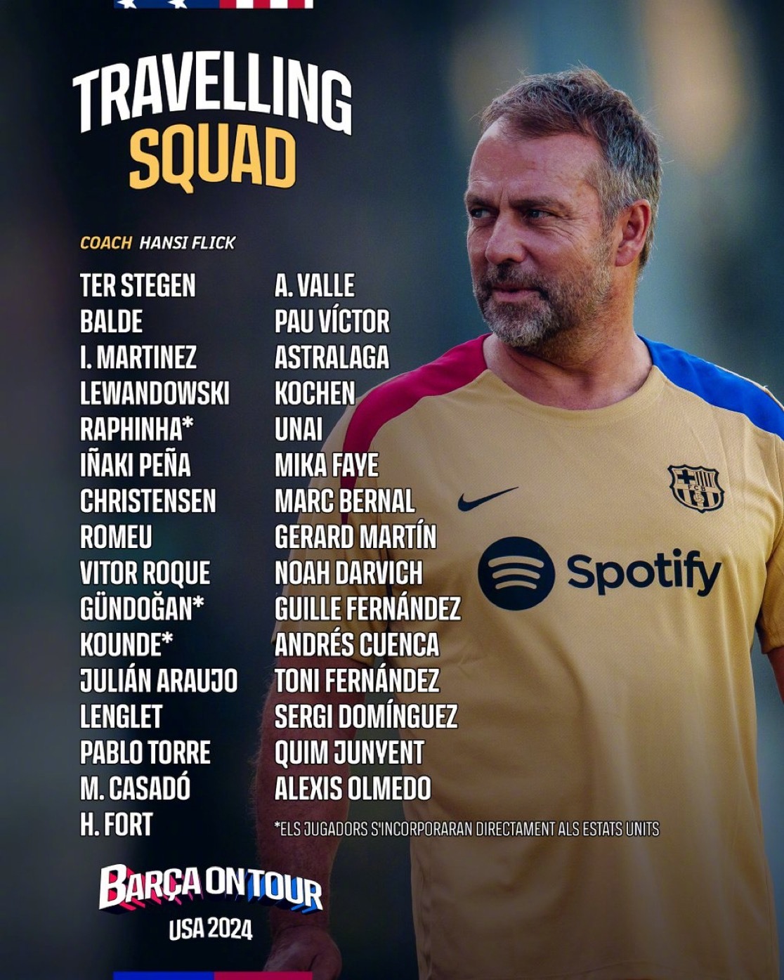 这些是即将前往美国参加季前赛的巴萨球员。弗里克征召了一大批年轻球员。拉菲尼亚、京