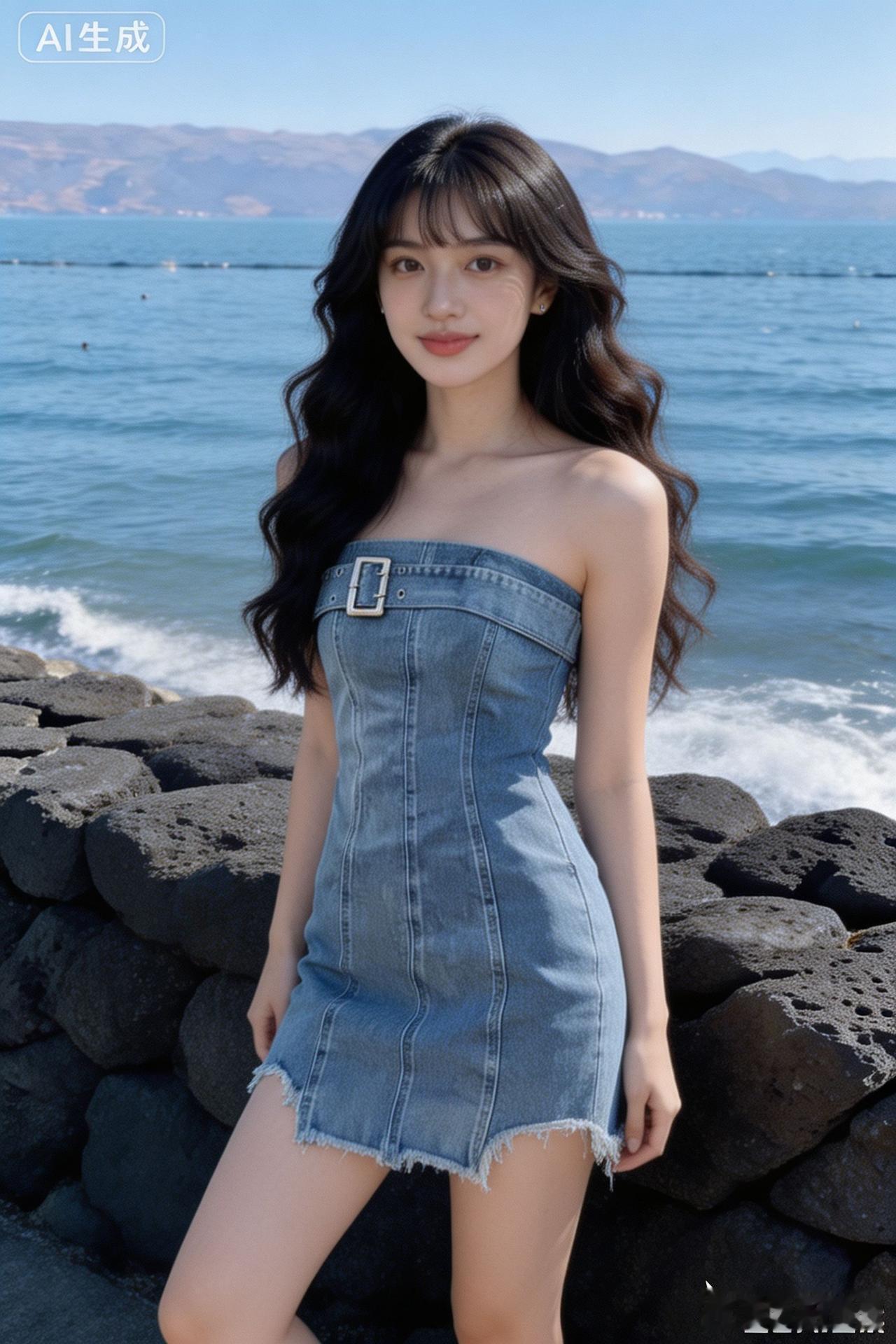 海边美女穿着牛仔裙，阳光明媚。