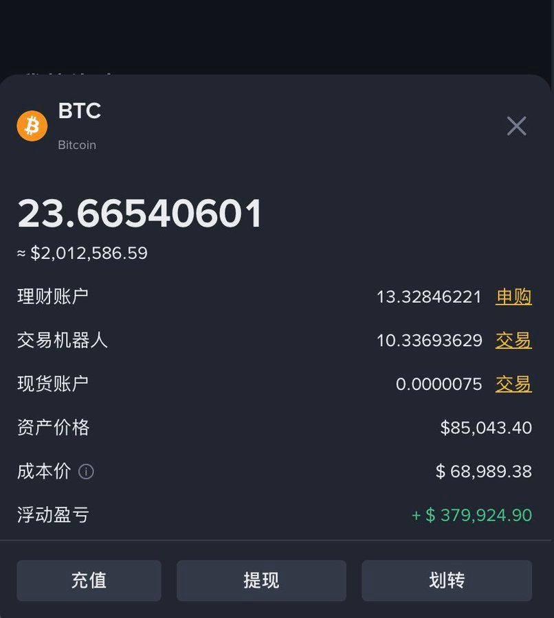 玩偶姐姐的大饼持仓，23.66个成本6.89万。 ​​​​