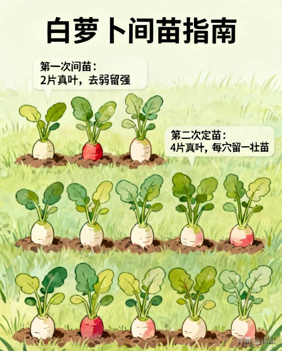 白萝卜出苗后啥时候间苗？
 
萝卜出苗后建议分两次完成间苗，新手菜友一定要把控好
