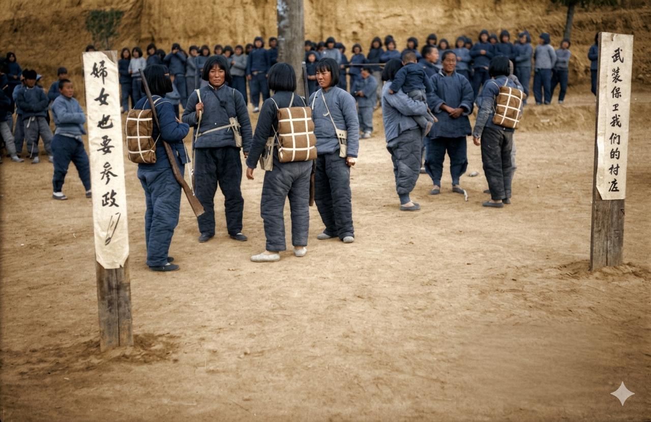 1940年，解放区村落空地，土坡前的标语格外醒目：“妇女也要参政”“武装保卫我们