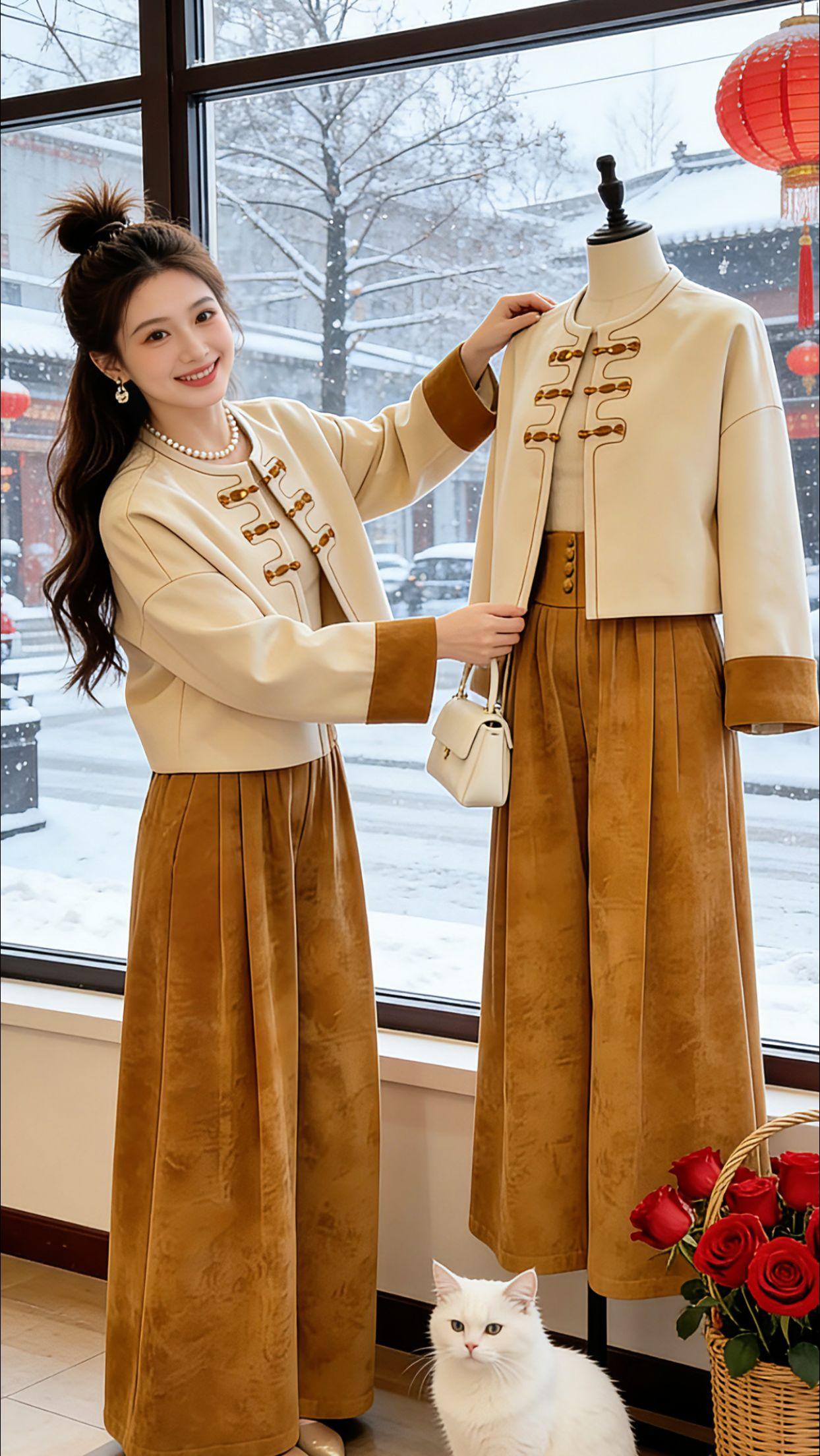 飘雪的中式庭院里，Danny这套新中式套装太戳人啦。米白盘扣上衣拼焦糖色袖口，搭