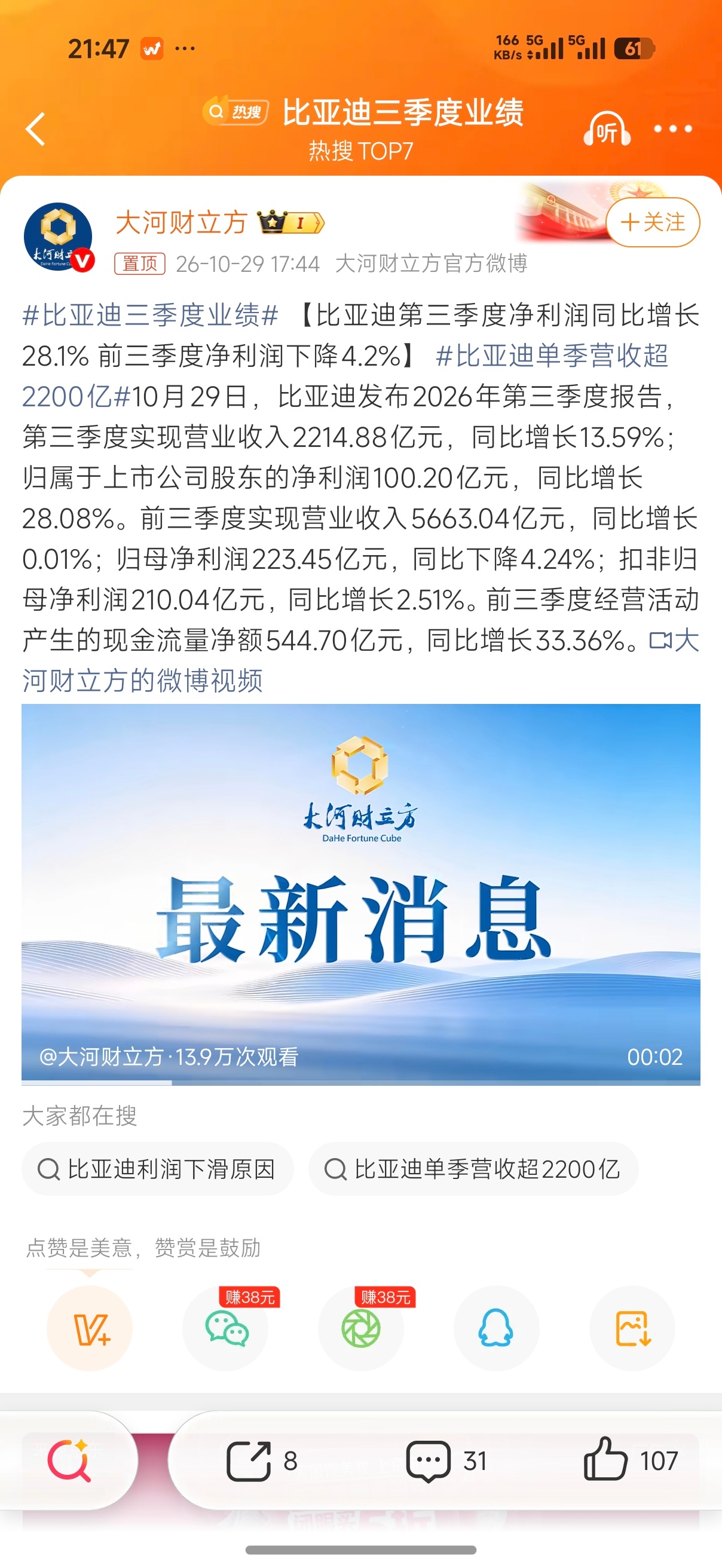 比亚迪三季度业绩在这样的大环境下，比亚迪营收增长13.59%，净利润仅下跌4.2