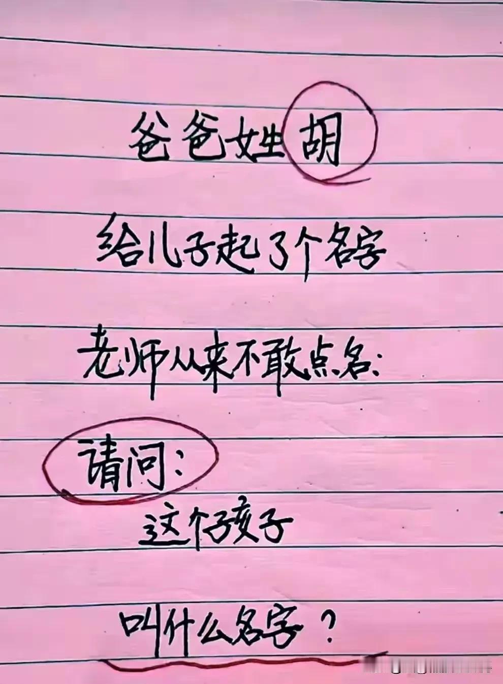 爸爸姓胡，给儿子起了个名字，老师却从来不敢点名，请问孩子叫什么？高手在哪里？幽默