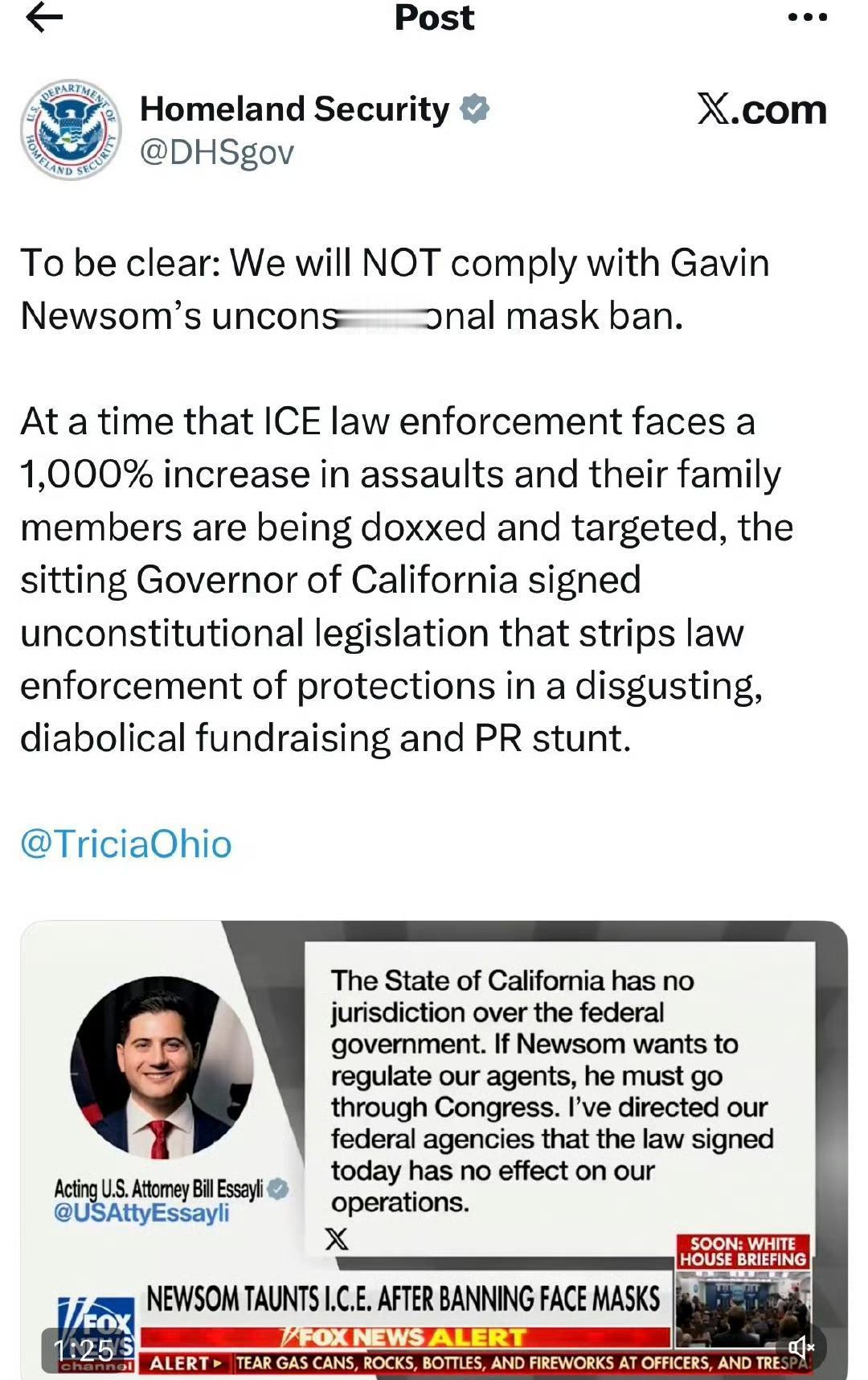 加州不让联邦特工戴面罩，联邦直接甩脸：你管得着吗？
纽森签了条新规：执法时别戴面