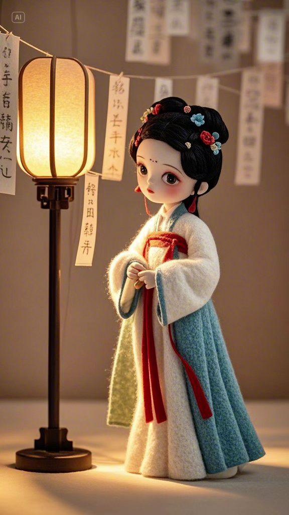 即梦AI 红楼梦 治愈系  q版人物 毛毡画