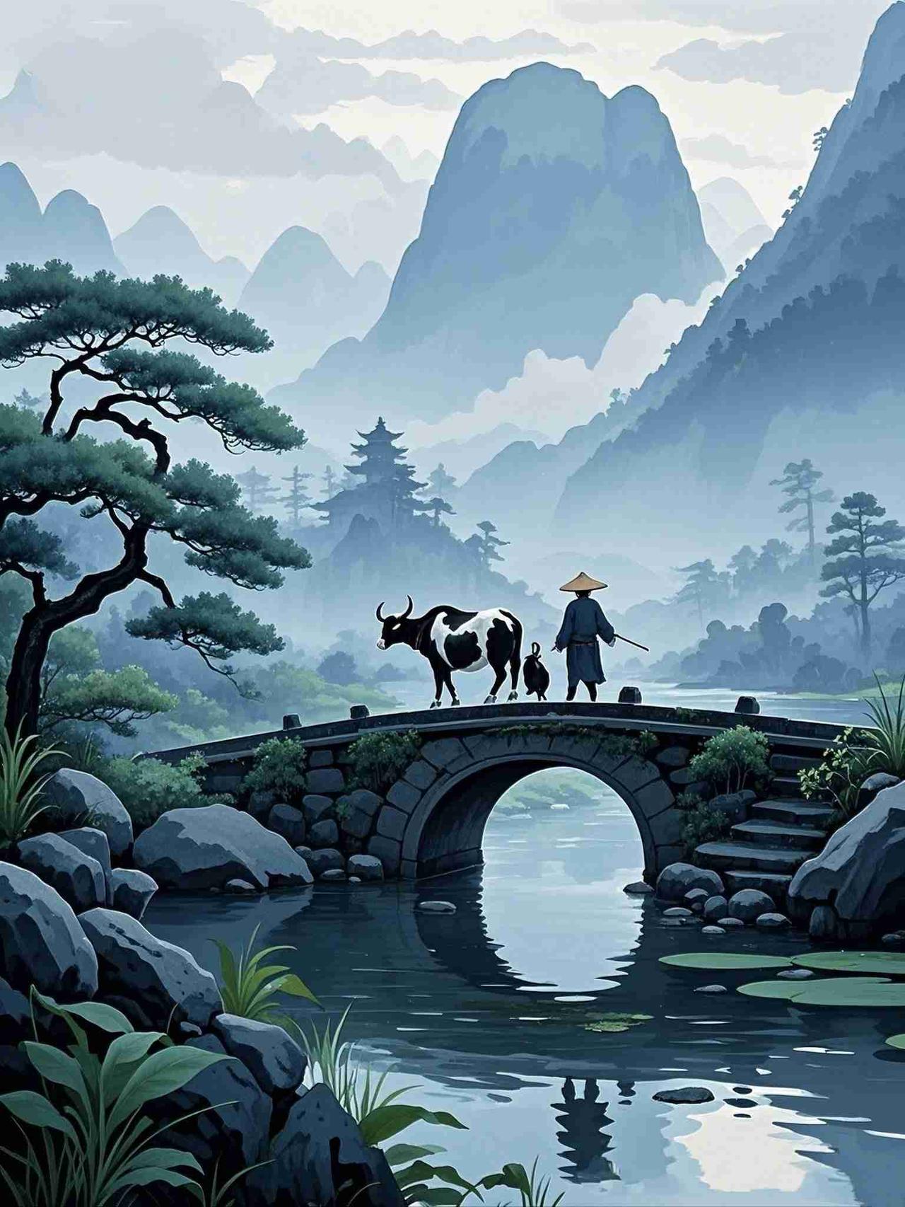 《牧归》
 
石桥横碧水，云起远山幽。
笠影随牛晚，松风送客秋。
烟轻藏古寺，波