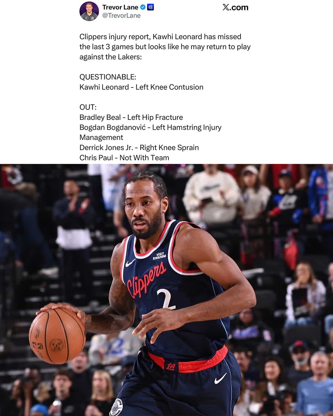 明日的洛城德比湖人依旧是里夫斯和阿杜打不了，上场被打到眼睛的艾顿并不在伤病名单中