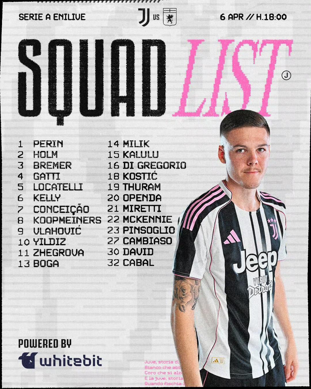 第31轮尤文图斯vs热那亚24人大名单出炉，霍尔姆回归。
Forza Juve