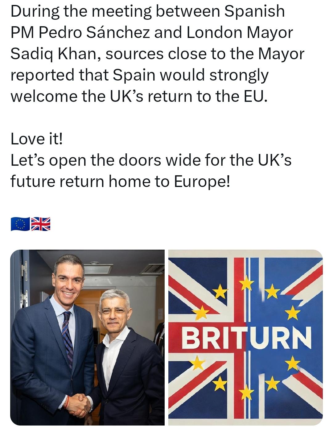 在西班牙首相佩德罗·桑切斯与伦敦市长萨迪克·汗的会面中，与市长关系密切的消息人士