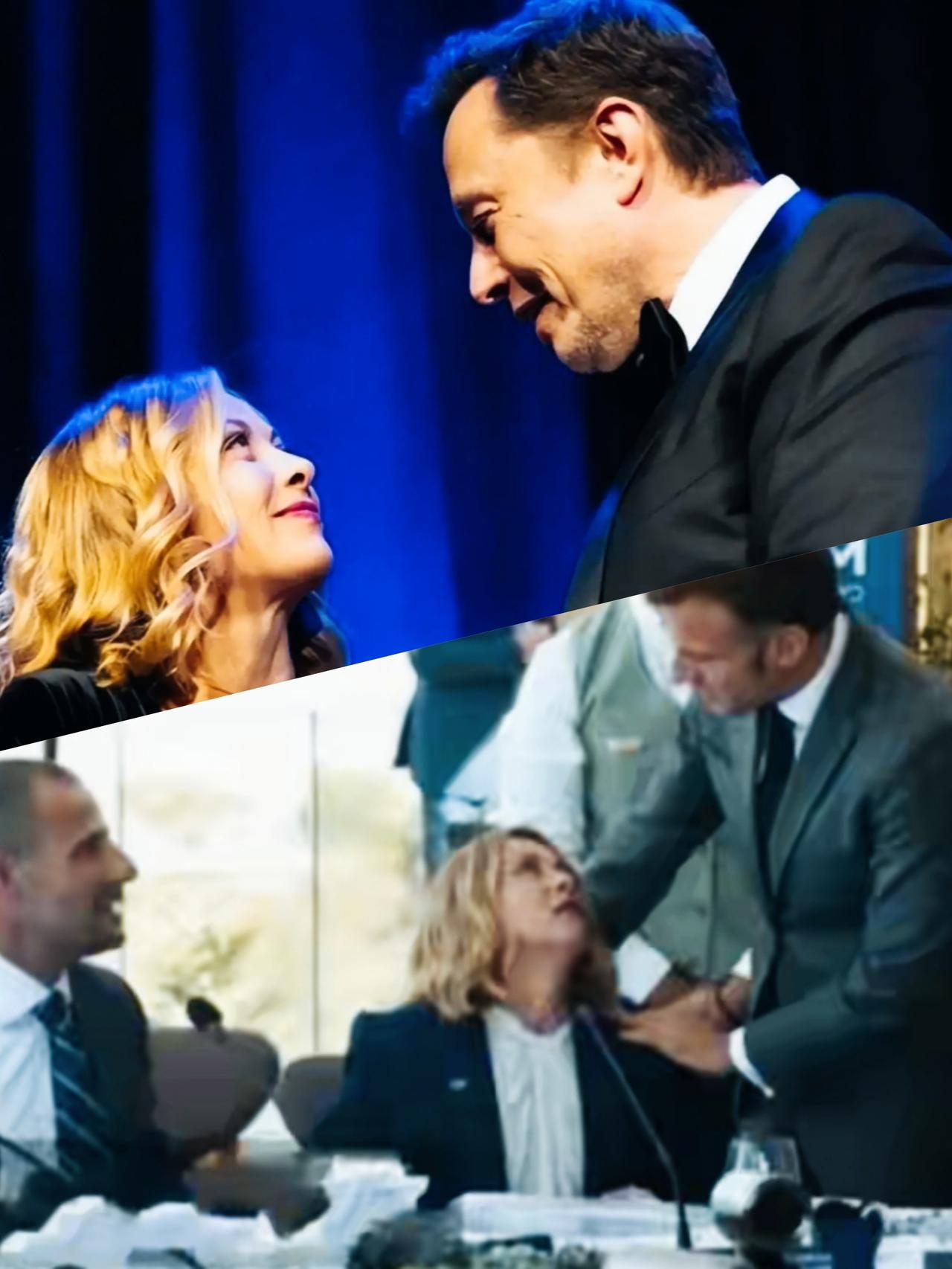 梅洛尼仰头看向马斯克和马克龙的眼神，是不是各有各的含义啊？
梅洛尼看向马斯克和马