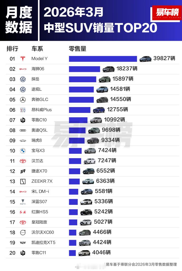 在中型SUV这个级别，销冠还是Model Y，第二名是比亚迪海狮06。不过也不要