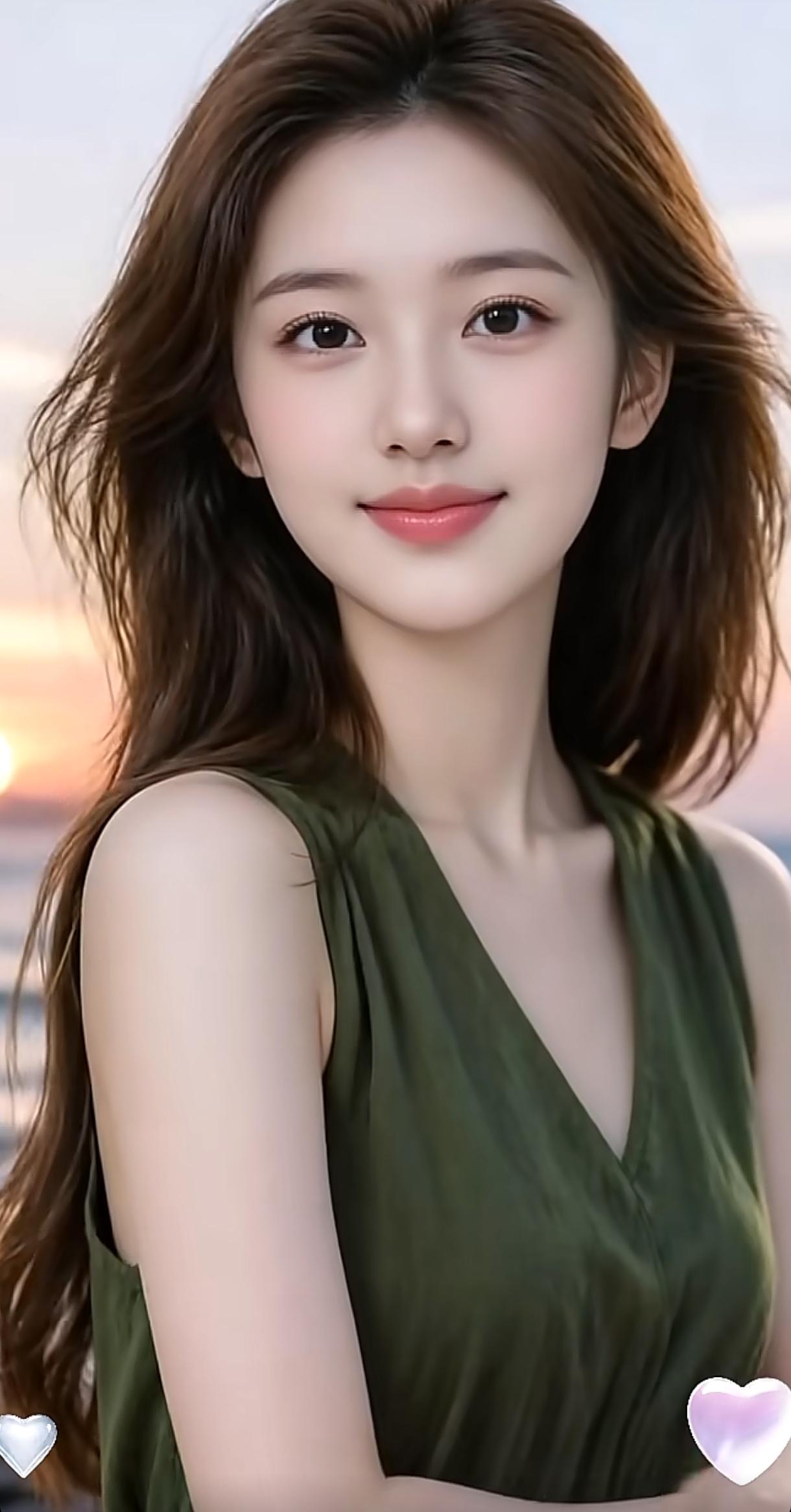 绿衣美人倚夕阳，笑靥如花映海天。分享一张最近随手拍的照片 绿裙美人自拍