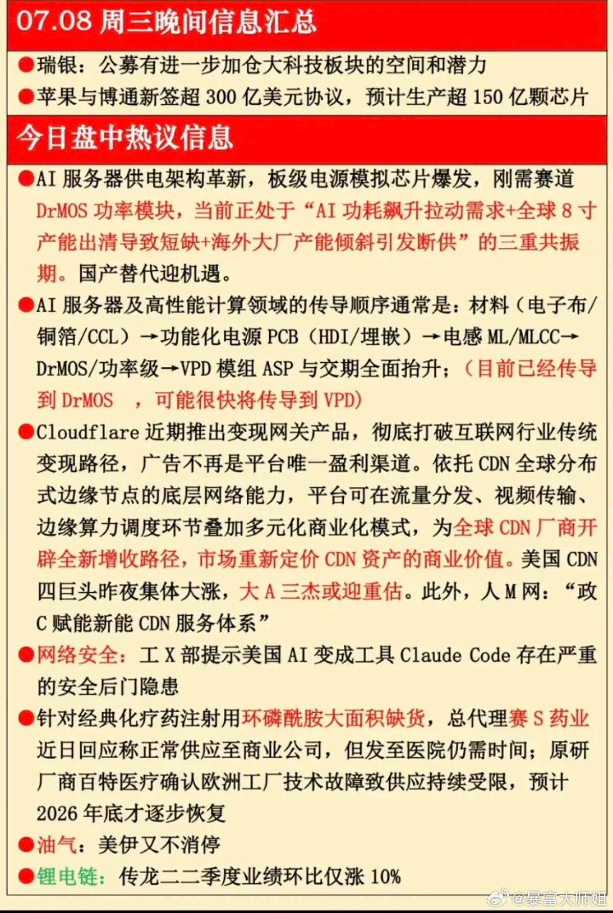 7.08周三  晚间财经信息汇总！1.功率模块，AI服务器2.网络安全3.环磷烯