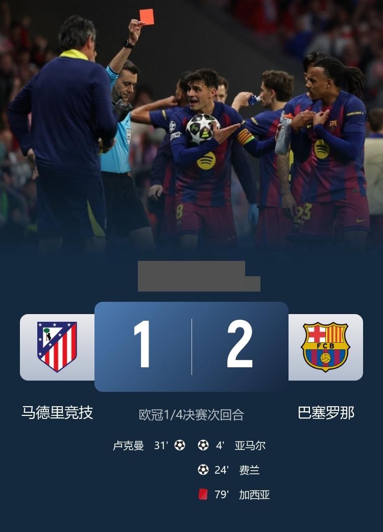 欧冠  巴萨2-1马竞总比分2-3出局，亚马尔破门 费兰建功
4月15日，欧冠1