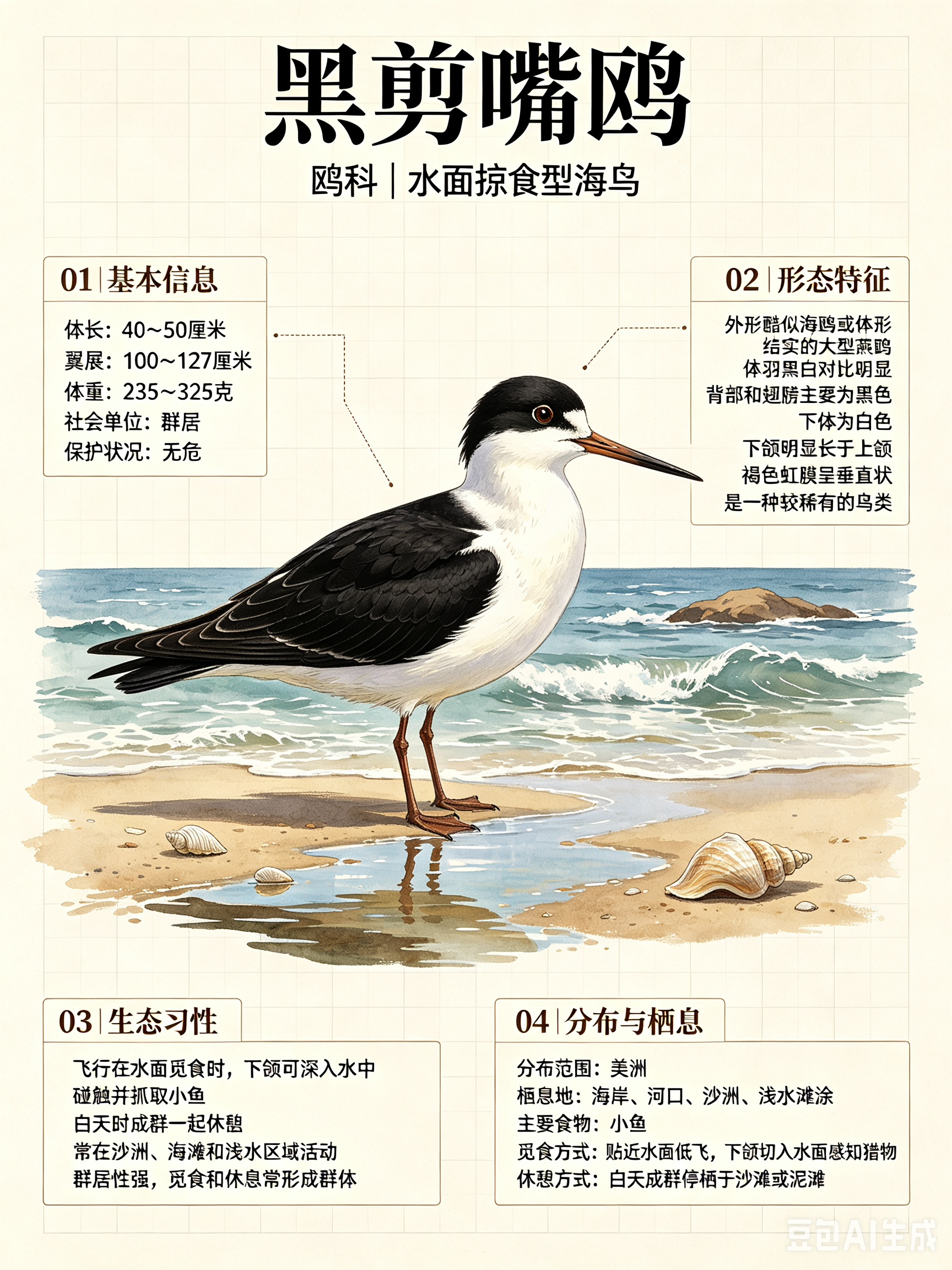 鸟类朋友图鉴 黑剪嘴鸥体长：40~50 厘米翼展：100~127 厘米体重：23