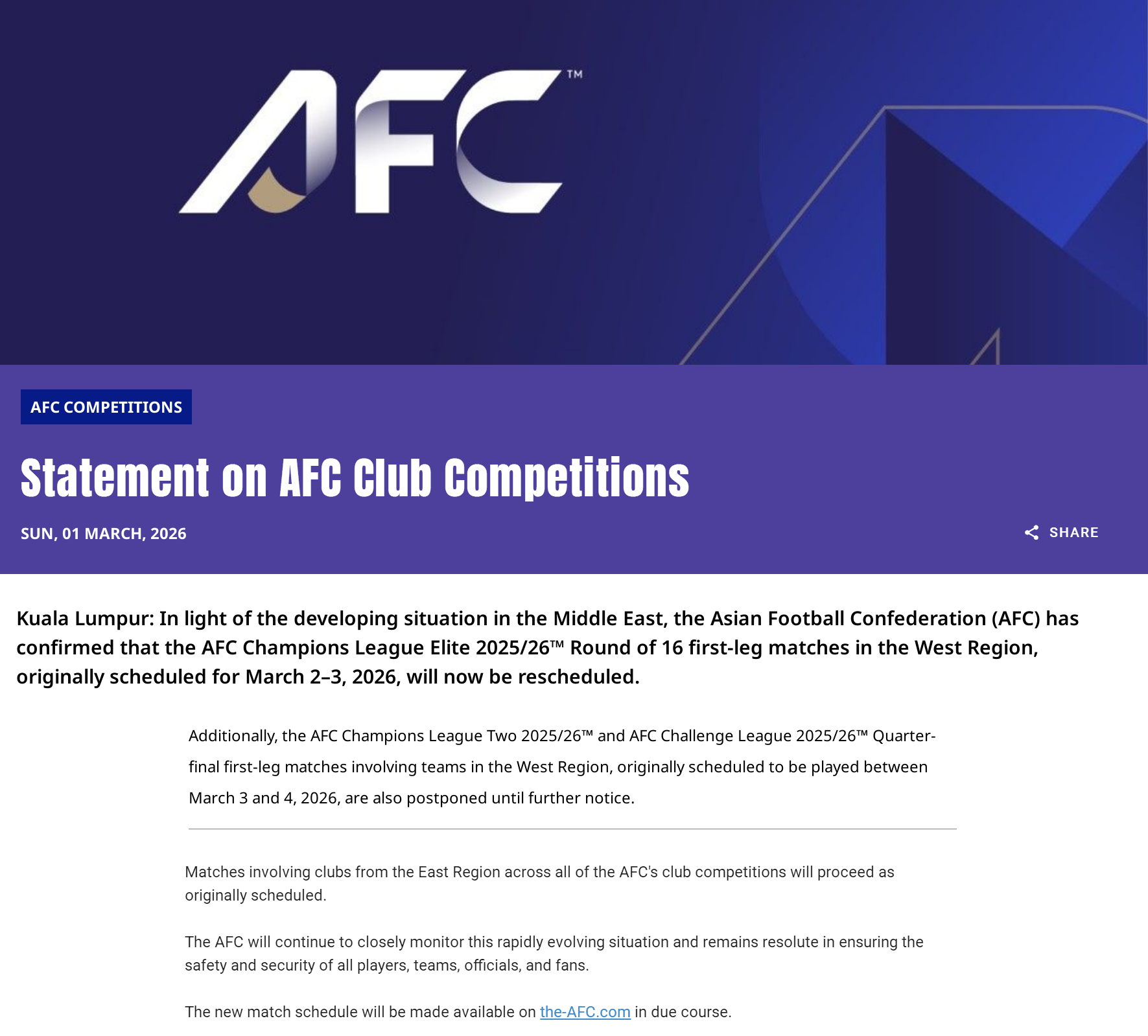 伊朗足球联赛即日起暂停亚足联官方消息：鉴于中东局势，西亚区亚冠精英联赛16强首回