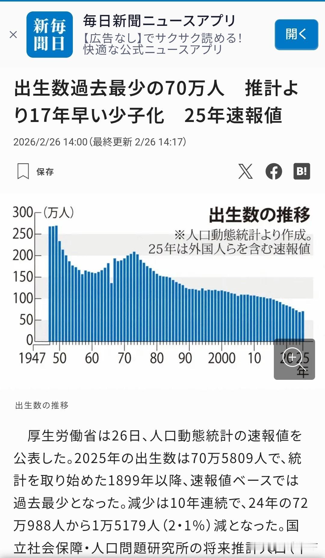 日本出生人数连续十年减少！

日本厚生劳动省2月26日公布了2025年日本总出生