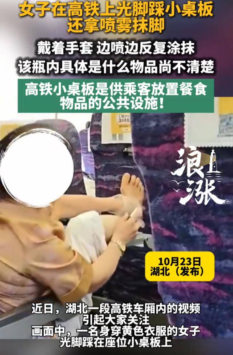 太离谱了！湖北，高铁上，一名女子直接光脚踩在前排的小桌板上，当着满车厢乘客的面，