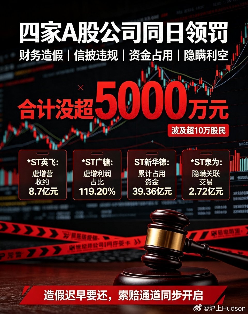 四家A股公司同日领罚 四公司同日领罚逾5000万 A股监管从严 财务造假 股民维