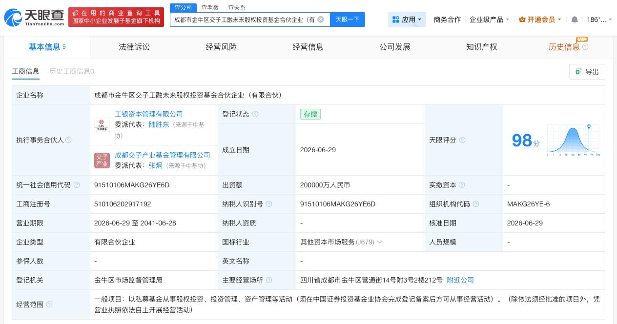 工银资本等在成都成立新投资基
天眼查App显示，近日，成都市金牛区交子工融未来股