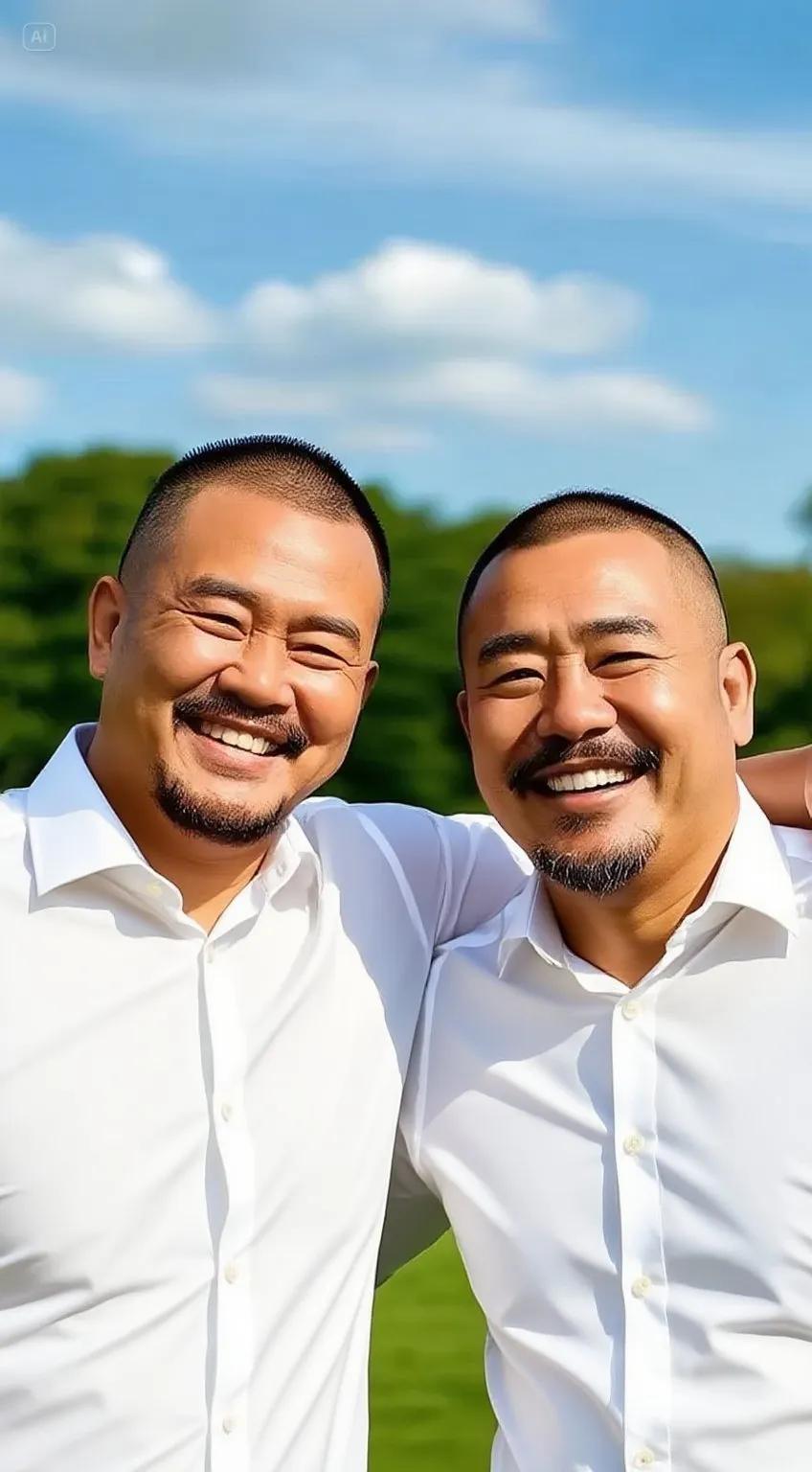 阳光下的好兄弟，笑容灿烂，友情满满！🌞👫😊