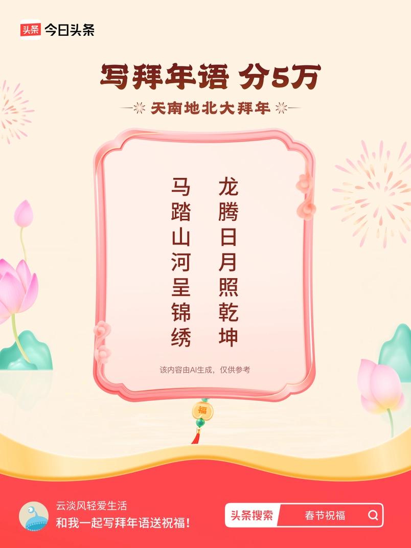 写拜年语送祝福新春拜年送祝福！我的祝福是：“马踏山河呈锦绣，龙腾日月照乾坤”！快